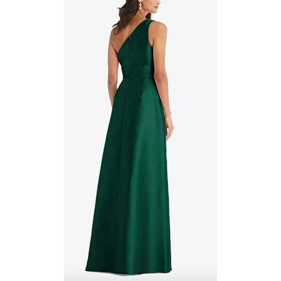 ALFRED SUNG Gown Size 2 NEW Draped One-Shoulder Satin Maxi Pockets Emerald Green - Picture 2 of 8